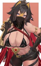 armor belly big_breasts black_hair blue_eyes bra breasts dehya_(genshin_impact) fellatio_gesture genshin_impact hair_intakes heart-shaped_pupils jewelry kanta_(kanta_077) licking_lips light-skinned_female light_skin seductive shorts smile solo symbol-shaped_pupils tan_skin veil rating:Questionable score:189 user:Femboy-Devotee