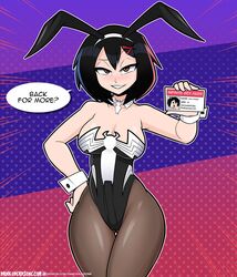 bedroom_eyes black_hair blush breasts brown_eyes bunny_ears bunny_girl bunnysuit dankodeadzone id_card identification identification_card license light-skinned_female light_skin marvel marvel_comics meme peni_parker pinup pinup_pose reference smile smiling smiling_at_viewer spider-man:_across_the_spider-verse spider-man_(series) thick_thighs thighs wide_hips rating:Questionable score:872 user:Rwac960