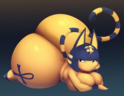 absurd_res animal_crossing ankha ankha_(animal_crossing) anthro ass astroodragon big_ass big_breasts big_butt black_eyes blue_hair bottom_heavy breasts domestic_cat felid feline felis female hair hand_on_cheek hi_res huge_ass huge_breasts huge_butt hyper hyper_ass hyper_butt looking_at_viewer lying mammal markings nintendo on_front sadflowerhappy solo striped_markings striped_tail stripes tail tail_markings tattoo yellow_body rating:Explicit score:205 user:X6X8