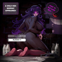 ass big_breasts big_thighs black_clothing breasts creepy dialogue female female_focus gengar glowing_eyes hex_maniac kinohara_kossuta long_hair milk milk_bottle offscreen_character pokemon pokemon_xy purple_eyes purple_hair purple_skin skin_tight skintight smile smiling text thighs rating:Explicit score:128 user:Monbo