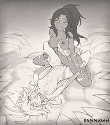 2girls artist_name blush breasts collarbone completely_nude female_ejaculation female_only flower greyscale hair_flower hair_ornament holding_hands large_breasts league_of_legends long_hair monochrome multiple_girls neeko nidalee nipples nude outdoors pussy rammionn sweat tail tattoo tongue tongue_out tribadism yuri rating:Explicit score:142 user:bot