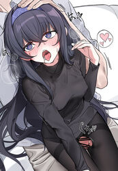 1boy bar_censor black_hair black_pantyhose black_shirt blue_archive blush breasts censored covered_nipples ear_blush female headpat heart heart-shaped_pupils heavy_breathing highres library_committee_(blue_archive) long_hair looking_at_viewer nakamura_rohane no_pants nose_blush open_mouth panties panties_under_pantyhose pantyhose penis precum saliva sensei_(blue_archive) shirt sitting sitting_on_person small_breasts spoken_heart straight sweatdrop symbol-shaped_pupils thigh_sex trinity_general_school_student ui_(blue_archive) underwear very_long_hair rating:Explicit score:176 user:bot