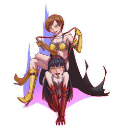 2girls all_fours amagi_yukiko black_hair bondage bra breasts brown_hair cape collar dominatrix elbow_gloves femdom femsub gloves hairband high_heel_boots holding_whip human_furniture leebigtree long_hair looking_at_viewer medium_breasts midriff navel persona persona_4 pet_play petplay red_bra satonaka_chie shadow_(persona) shadow_self_(persona) short_hair sitting sitting_on_person sitting_on_sub slave sweating whip yellow_bra yellow_eyes yuri rating:Explicit score:86 user:267er