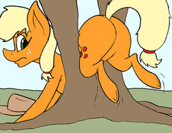 annoyed apple_butt applejack_(mlp) ass big_ass big_butt cutie_mark dynamo1940 equine exposed exposed_ass featureless_crotch female feral freckles freckles_on_face friendship_is_magic green_eyes hasbro looking_back my_little_pony orange_body orange_fur stuck stuck_in_object stuck_in_tree yellow_hair yellow_tail rating:Questionable score:2 user:UploadAcclm2