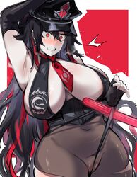 armpits arms_up big_breasts blush blushing camel_toe cameltoe curvaceous curvy dark_hair embarrassed fate/grand_order fate_(series) headgear huge_breasts k_(kurenaiz) kurenaiz1 large_breasts long_hair mature_female original original_character pale-skinned_female pale_skin pantyhose police_hat policewoman pulling_panties red_eyes red_hair ripped_pantyhose sesshouin_kiara sesshouin_kiara_(swimsuit_mooncancer)_(cosplay) thong tomboy voluptuous_female wedgie rating:Explicit score:183 user:Yuron