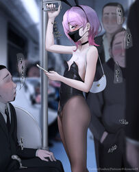 1boy blush bulge bulge_through_clothing bunny_ears bunnysuit choker crowd english_text exhibitionism femboy feminine_male ikemeru19 male_focus mask masked_male multiple_boys nipple_slip nipples otoko_no_ko pantyhose pink_hair public public_transportation ria_(ikemeru19) small_penis standing subway train train_interior trap wardrobe_malfunction rating:Questionable score:694 user:crazybaby