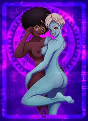 afro ass ass ass_grab black_hair black_skin blue_skin blue_skinned_female brown_eyes completely_nude completely_nude_female doctor_slone feet female female/female female_focus female_only fortnite glasses hecates joey_(fortnite) nipples orange_eyes orange_eyeshadow orange_lipstick purple_background white_hair rating:Explicit score:24 user:QueenZER0