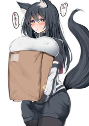 1girls 2023 animal_ear_fluff animal_ears arknights black_hair blush breasts doctor_(arknights) hi_res japanese_text kokihanada large_breasts nipples_visible_through_clothing object_in_mouth package pocky simple_background solo standing texas_(arknights) text wolf_ears wolf_girl wolf_tail yellow_eyes rating:Questionable score:84 user:MatTheV24-7