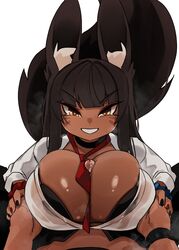 1boy 1girls blush breasts breasts_bigger_than_head cleavage clothed_paizuri consensual_paizuri dark-skinned_female dark-skinned_male dark_skin female fox_ears fox_girl fox_humanoid fox_tail ganguro gyaru hi_res huge_breasts kemonomimi kitsune kitsunemimi large_penis male male_pov massive_breasts naughty_face original original_character paizuri penis pov precum precum_drip smile titjob uncensored zanamaoria rating:Explicit score:215 user:LiangXI