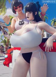 2girls among_us areolae areolae_slip beach bikini black_hair charlotte_(fortnite) choker clothed clothing different_breast_sizes evie_(fortnite) fortnite fully_clothed fully_clothed_female hoop_earrings huge_breasts looking_at_another looking_at_viewer slayer_charlotte_(fortnite) sunglasses superhentaimaster9000 tinted_eyewear rating:Questionable score:186 user:NurseKomugi