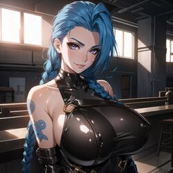 ai_generated big_breasts breast_focus breasts cixf close-up huge_breasts jinx_(league_of_legends) latex league_of_legends portrait self_upload rating:Explicit score:150 user:cixf