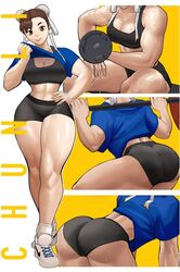 1girls abs ankle_socks anklehighs ass bent_over bike_shorts black_shorts black_sports_bra blue_shirt breasts brown_eyes brown_hair bun_cover character_name chun-li cleavage clothed clothes_lift crop_top double_bun earrings english_commentary exercise female female_only full_body fully_clothed hair_bun hand_on_own_hip head_out_of_frame high_tops highres jewelry large_breasts legs lifted_by_self looking_at_viewer median_furrow midriff multiple_views narrow_waist navel nike parted_lips shirt shirt_lift shoes short_hair shorts sitting smile sneakers socks solo sports_bra squatting street_fighter sweat thick_thighs thighs toned weightlifting white_footwear white_socks workout_clothes zukululuu rating:Questionable score:163 user:Crcole331