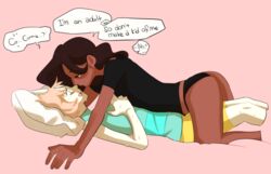 2girls all_fours black_panties blush breast_press cartoon_network clothed clothed_female clothing connie_maheswaran dark-skinned_female dark_skin dominant_female dominatrix eye_contact female_domination female_on_top femdom femdom_caption gem_(species) human imminent_sex lezdom no_pants nyong-choi older_female on_back panties pearl_(steven_universe) riding seductive seductive_look short_hair speech_bubble steven_universe straight_hair t-shirt teacher_and_student yuri rating:Explicit score:193 user:Lovbi