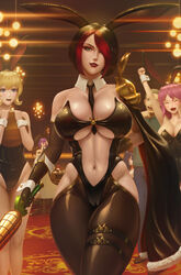 1boy 4girls :d absurd_res absurdres animal_ears black_hair black_legwear blonde_hair blue_eyes blurry_background breasts brown_hair bunny_ears bunnysuit cameltoe cleavage closed_eyes detailed_background fake_animal_ears fiora_laurent green_eyes hi_res high_resolution highres holding_sword holding_weapon league_of_legends limgae looking_at_another looking_at_viewer navel open-mouth_smile open_mouth purple_hair red_hair sword very_high_resolution weapon rating:Questionable score:80 user:Tamal