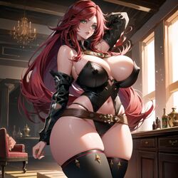 ai_generated belly_button belt big_breasts cixf covered_nipples huge_breasts katarina_du_couteau league_of_legends one_arm_up riot_games self_upload thick_thighs thighhighs rating:Explicit score:85 user:cixf