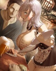 1boy 1girls beer_mug big_boobs big_breasts body_writing boobs breasts breasts_out dutch_angle faceless_male femsub food hololive hololive_fantasy hololive_japan huge_breasts kuroi_suna leaning_forward legs_together lilac_hair maledom nipples no_bra price pricelist prostitute prostitution purple_hair shirogane_noel table virtual_youtuber waitress writing_on_body writing_on_breasts writing_on_skin rating:Explicit score:340 user:FuckedUpGirl