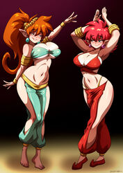 2girls armpits auburn_hair belly_dancer belly_dancer_outfit blue_eyes blush cleavage dancer dancing harem harem_girl harem_outfit harem_pants huge_breasts long_hair ono-fire original original_characters ponytail red_hair rating:Questionable score:54 user:TheKindHaremMaster