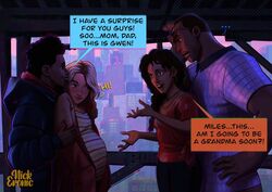 2boys 2girls after_impregnation after_sex black_hair blonde_hair blue_eyes blush brown_eyes canon_couple canon_event cityscape comic comic_page dark-skinned_female dark-skinned_male dark_skin dialogue earrings english_text father female girlfriend gwen_stacy gwen_stacy_(spider-verse) hoodie interracial jacket jefferson_davis light-skinned_female light_skin male married_couple marvel marvel_comics miles_morales milf nickeronic pregnant rio_morales smiling spider-gwen spider-man spider-man:_across_the_spider-verse spider-man:_into_the_spider-verse spider-man_(series) text text_bubble wholesome rating:Safe score:177 user:Sokumo