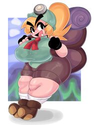 anthro backpack blonde_hair boots dork_boi female female_only fingerless_gloves goomba goombella grass helmet huge_breasts lewd_dorky mario_(series) not_furry paper_mario shorts sky thick_thighs rating:Questionable score:45 user:Cringe_toast