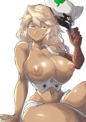 1girls alternate_breast_size arc_system_works blonde_hair chikoinochi dark-skinned_female dark_skin female_only guilty_gear guilty_gear_strive hat holding_object huge_breasts looking_at_viewer nipples ramlethal_valentine smile solo thick_thighs torn_clothes rating:Explicit score:159 user:whatdongle