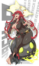 1girls background_text bayeuxman belt big_breasts black_clothing broken_halo cleavage crossed_legs curvy curvy_female feet female green_eyes guilty_gear halo jack-o'_valentine large_ass long_hair necklace nipple_bulge nipples nipples_visible_through_clothing red_hair see-through_clothing smile solo solo_female teal_eyes text thick_ass thick_thighs transparent_clothing white_hair wide_hips rating:Explicit score:144 user:whatdongle