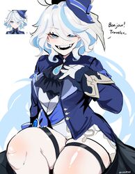 1girls archons blue_eyes bottom_heavy child_bearing_hips fangs female female_only french furina_(genshin_impact) genshin_impact goddess hat huge_thighs kurenaiz1 light-skinned_female light_skin sharp_teeth shiny_skin shiny_thighs thick thick_as_fuck thick_thighs thigh_strap thighs thunder_thighs white_hair wide_hips rating:Questionable score:270 user:Fumeknight1