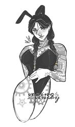 1girls 2d black_and_white black_hair braid braided_hair braided_ponytail bunny_ears bunnysuit clothed clothing digital_drawing_(artwork) digital_media_(artwork) dress ear_piercing earrings epic_games female female_focus female_only fortnite jules_(fortnite) light-skinned_female light_skin looking_at_viewer nose_piercing piercing piercings ponytail ponytails presenting simple_background solo solo_focus tattoo tattoos thick_thighs vexingvenery watermark white_background rating:Explicit score:56 user:mango05