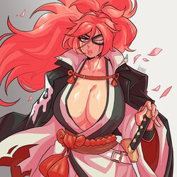 1girls angry baiken cleavage eyepatch face_paint guilty_gear guilty_gear_strive katana kimono large_breasts loggus_doggus long_hair messy messy_hair one_arm pink_hair ponytail samurai scar scar_across_eye sword rating:Questionable score:83 user:Log_draws