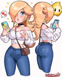 ass belly_button big_ass big_breasts big_butt blonde_hair blue_eyes blush breasts choker clothed clothing crop_top dat_ass denim engagement_ring female hair_over_one_eye heart jeans low_cut_top luma mario_(series) nintendo painted_nails pants princess_rosalina purse sarukaiwolf shoulderless_topwear smartphone speech_bubble star_earrings super_mario_galaxy tight_jeans tight_pants tight_trousers trousers white_topwear rating:Questionable score:271 user:Toalbooth_