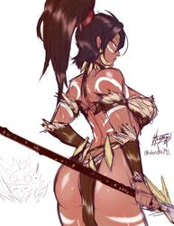 2d_(artwork) big_breasts big_butt body_markings brown_hair clothed clothed_female forehead_jewel gem_on_forhead green_eyes green_eyes_female league_of_legends nidalee ponytail riot_games shinda292 strapless strapless_top strapless_topwear tanned_female tanned_skin teemo tubetop work_in_progress rating:Explicit score:51 user:GLVee