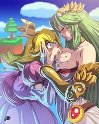 2girls breasts company_connection crossover duo female female_only horny kid_icarus mario_(series) nintendo ono-fire palutena princess_peach tagme watermark yuri rating:Questionable score:111 user:Bylethlover