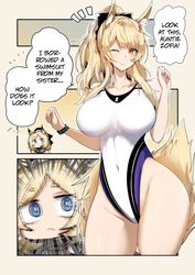 2girls ;) animal_ear_fluff animal_ears animal_tail arknights big_breasts big_thighs blemishine_(arknights) blonde_hair blue_eyes blush breasts chibi collarbone curvaceous curvy cute extra_ears eyebrows_visible_through_hair form_fitting giant_breasts gin_moku gold_eyes hair_ribbon hairbow happy hat headgear headwear hips horse_ears horse_girl horse_tail huge_breasts huge_thighs large_breasts large_thighs legs light-skinned_female light_skin long_hair massive_breasts massive_thighs navel one_eye_closed ponytail posing ribbon seductive seductive_look seductive_pose shocked shocked_expression slim_waist smile speechless surprised swimsuit thick_legs thick_thighs thighs tight_clothing voluptuous waist wasp_waist whislash_(arknights) wide_hips wide_thighs wink wristband rating:Questionable score:103 user:DDLC_Yuri