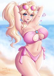 1girls arms_behind_head arms_up beach bikini blonde_hair breasts cleavage female female_only heart hi_res hips huge_breasts light-skinned_female light_skin long_hair looking_at_viewer mario_(series) nintendo outdoors pink_bikini princess_peach sevie side-tie_bikini smile solo standing sunglasses sunglasses_on_head swimsuit thick_thighs thighs tied_hair twintails water wet wide_hips rating:Questionable score:87 user:Aeolus_HX