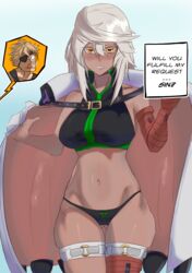 1boy 1girls bare_shoulders blush breasts brown_eyes brown_skin dark-skinned_female dark_skin english_text female female_focus female_only guilty_gear guilty_gear_strive imminent_sex long_hair looking_at_viewer panties ramlethal_valentine sin_kiske text vashelor white_hair rating:Questionable score:76 user:Troy__Harder