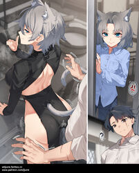 1boy ? anger_vein animal_ear_fluff animal_ears ass assertive_female back_hair black_dress blue_eyes blue_shirt bulge cat_ears cat_girl cat_tail chinese_clothes chinese_dress closed_mouth commentary_request dress erection erection_under_clothes fanbox_username female grey_hair grinding grinding_through_clothes highres jjune long_sleeves mischievous mischievous_smile original patreon_username scar scar_across_eye shirt short_hair smile spoken_anger_vein spoken_question_mark straight tail white_shirt rating:Explicit score:147 user:bot