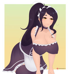 1girl 1girls 2d 2d_(artwork) bending_forward bending_over black_hair cleavage cleavage_cutout cleavage_window french_maid french_maid_nidalee large_breasts league_of_legends nidalee orange_eyes orange_eyes_female ponytail riot_games saecchi skimpy skimpy_clothes smile solo solo_female the_grind_series rating:Questionable score:40 user:GLVee