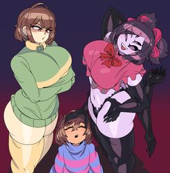 1boy 2girls 6_arms big_breasts breasts brown_hair captain_kirb chara chara_(undertale) chara_dreemurr closed_eyes clothed_male elbow_gloves female_chara frisk frisk_(undertale) frisk_dreemurr frisk_undertale fully_clothed_male gradient_background hand_on_head huge_breasts large_breasts larger_female leggings muffet multi_arm multi_eye multi_limb multiple_girls panties partially_clothed partially_clothed_female purple_eyes purple_hair red_eyes smaller_male spider spider_girl thick_thighs thighs undertale undertale_(series) rating:Questionable score:898 user:Limelicious