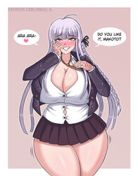 1girls aged_up alternate_breast_size breasts cleavage danganronpa dialogue engagement_ring english_text female female_only huge_breasts kirigiri_kyouko light-skinned_female light_skin long_hair onkel_h purple_hair short_skirt skirt straight_hair text wedding_ring rating:Questionable score:113 user:Aeolus_HX