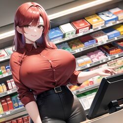  ai_generated big_breasts cashier nipples_visible_through_clothing original_character red_hair supermarket tagme  rating:questionable score: user:jefiz