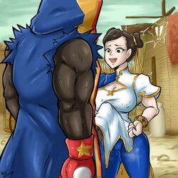 2d 2d_(artwork) asian_female balrog big_breasts big_penis black_male boob_window chun-li clothed dark-skinned_male erection hard_nipples imminent_sex light_skin male/female nayaase_beleguii old_lady street_fighter street_fighter_6 rating:Explicit score:124 user:Sokumo