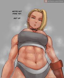 1girls abs black_choker blonde_hair breasts cammy_white capcom choker english_text female large_breasts low-angle_view muscular muscular_female panties paranoiddroid short_hair solo sports_bra sportswear street_fighter street_fighter_6 sweat sweaty_body rating:Questionable score:265 user:Aeolus_HX