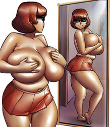 1girls admiring_self big_breasts breasts brown_hair busty chubby_female curvy female female_focus female_only glasses grabbing grabbing_own_breast hanna-barbera huge_breasts mirror no_bra ph plump reflection scooby-doo short_hair skirt thick top_heavy velma_dinkley voluptuous voluptuous_female rating:Explicit score:149 user:YggBraz11