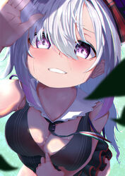  .live absurdres arm_up blush breasts carro_pino cleavage clothes_pull collarbone dress dress_pull female hair_ornament hat highres long_hair looking_at_viewer looking_up medium_breasts necktie open_mouth purple_eyes purple_hair rasen shading_eyes shadow smile solo summer sweat virtual_youtuber  rating:safe score: user:bot