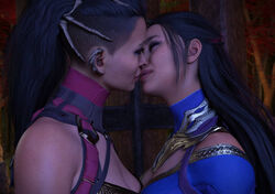 2girls 3d armor black_hair breasts_pressed_together clone clonecest closed_eyes edenian female female_only fully_clothed imminent_kiss incest kissing kissing kitana kiteena long_hair mileena mortal_kombat mortal_kombat_1_(2023) princess rayalterego23 royalty sisters yuri rating:Questionable score:34 user:movesetmain