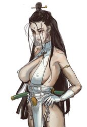 1girls big_breasts black_hair cleavage erect_nipples_under_clothes face_veil female female_only human human_only large_breasts long_hair mossa sword thong rating:Questionable score:70 user:contract