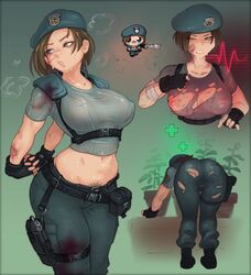 1girls areolae big_breasts blue_eyes brown_hair butt capcom hi_res jill_valentine justrube large_breasts nipples pubic_hair_peek resident_evil resident_evil_remake ripped_clothing rube short_hair wounded rating:Explicit score:108 user:Trashonahole