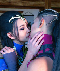 2girls 3d armor black_hair clone clonecest closed_eyes edenian female female_only fully_clothed hand_on_neck imminent_kiss incest kissing kitana kiteena long_hair mileena mortal_kombat mortal_kombat_1_(2023) princess rayalterego23 royalty sisters yuri rating:Questionable score:9 user:movesetmain