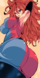 1girls android android_21 armpits ass blue_eyes breasts brown_hair checkered_clothes checkered_dress covered_erect_nipples detached_sleeves dragon_ball dragon_ball_fighterz dress earrings female_focus hair_between_eyes highres hoop_earrings huge_ass jewelry kinakomochi_(user_vedc2333) large_breasts long_hair looking_at_viewer omochi_db open_mouth pantyhose signature solo teeth tongue upper_teeth_only very_long_hair rating:Questionable score:92 user:Rivermecry