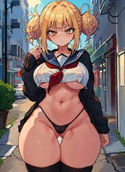 1girls ai_generated big_breasts blonde_hair curvaceous curvy female_only hair_bun hi_res highleg_panties himiko_toga large_breasts mabi_ai midriff my_hero_academia navel panties pantsu skindentation thick_thighs thigh_gap thighhighs thong toga_himiko underboob wide_hips yellow_eyes rating:Explicit score:304 user:HHG58