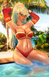 2d 2d_(artwork) blonde_hair gem_on_forehead green_eyes helldeer in_water jewel_on_forehead league_of_legends lipstick nidalee ocean_song_nidalee ponytail riot_games strapless strapless_top strapless_topwear swimsuit tanned tanned_female tanned_skin tubetop rating:Questionable score:23 user:GLVee